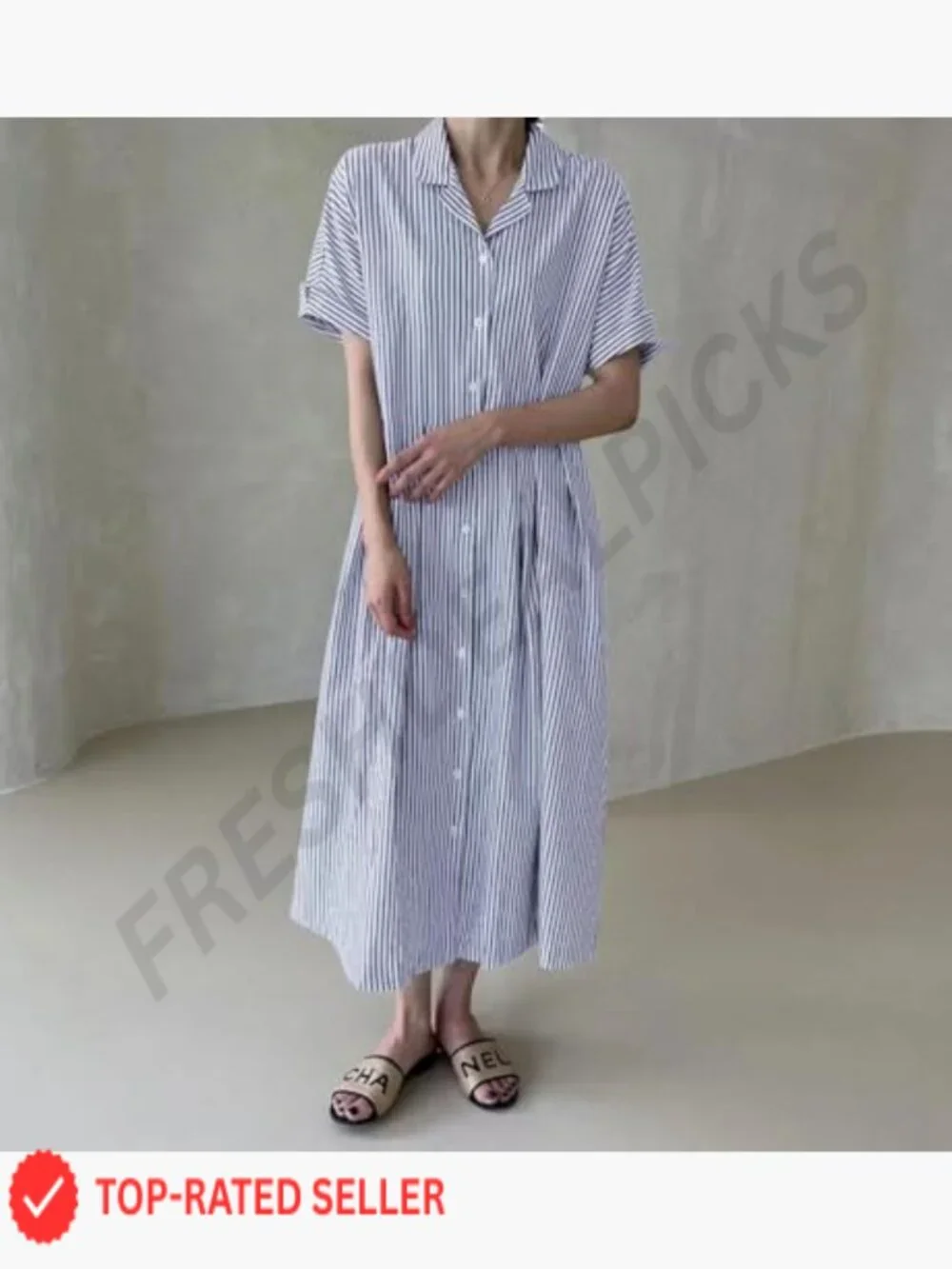 Cotton Striped Midi Shift Dress Button Up Short Sleeve With Pockets - Picture 3 of 5